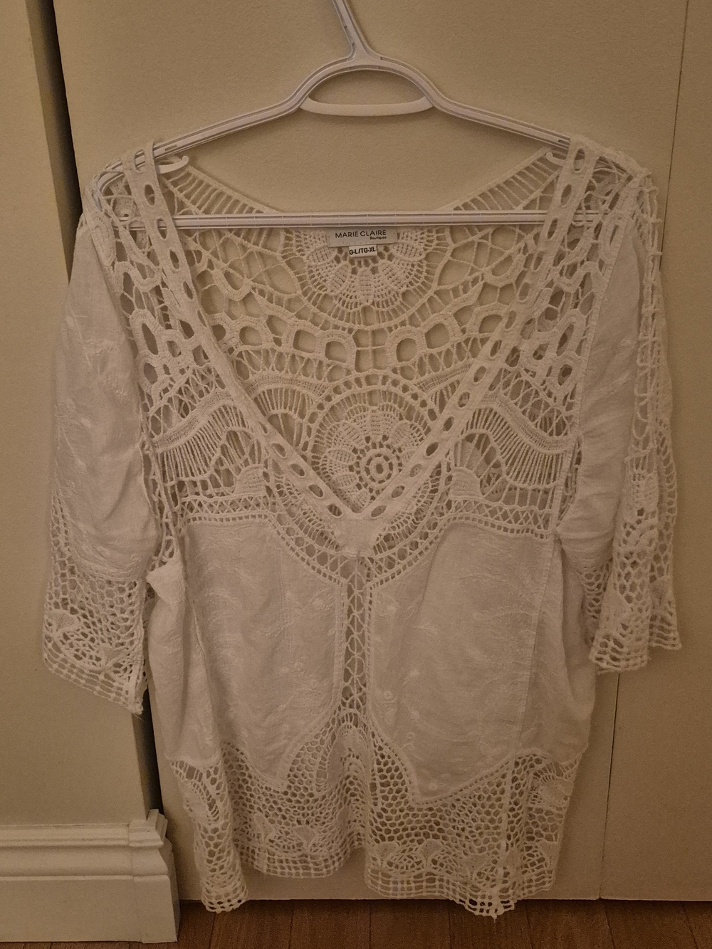 White Crochet Tunic Top with V-Neck